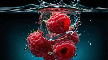 A bunch of raspberries are being dropped into a water pool. Generative AI.