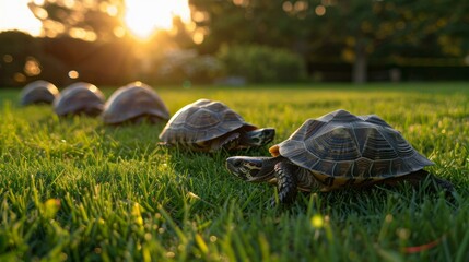 A group of turtles are walking in a line on the grass. Generative AI. - obrazy, fototapety, plakaty