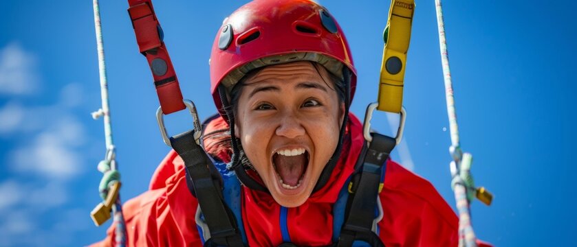 A woman in a red helmet and jacket ziplining with her mouth open. Generative AI.