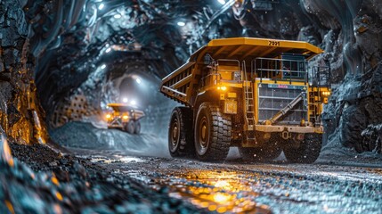 Powerful Mining Dump Truck Navigating Through Dimly Lit Underground Tunnel Carrying Heavy Load of Coal and Mineral Resources