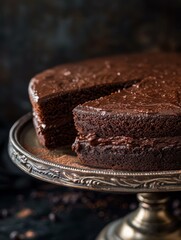A chocolate cake with one slice missing on a silver platter. Generative AI.