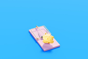 Mouse trap with cheese on blue background. Risk-taking concept.