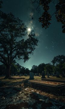 A cemetery with a full moon and trees in the background. Generative AI.