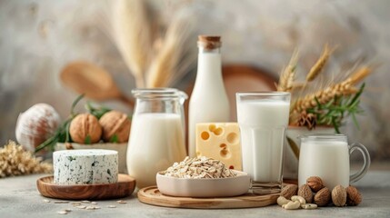 A variety of dairy products including milk, cheese and nuts. Generative AI.
