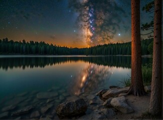 Fototapeta na wymiar A lake with rocks and trees in the background. Generative AI.