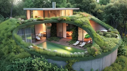 Foto op Canvas A house with a green roof and grassy hillside. Generative AI. © serg3d