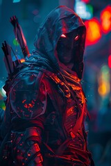 Ninja Psychogan, Wrathful Arrows, Rumble for Redemption, Encompasses, Isolated, Sunset, cyberpunk, Dark, Closeup, Dark Vibrant Colors - obrazy, fototapety, plakaty