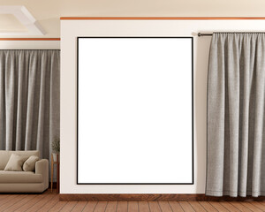 Large portrait art frame in living room next to curtain on wooden floor and sofa on the background