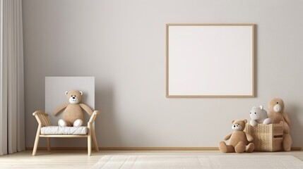 Children room interior with chair and blank picture frame on wall.