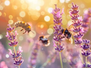 A group of bees are flying around on lavender flowers. Generative AI.