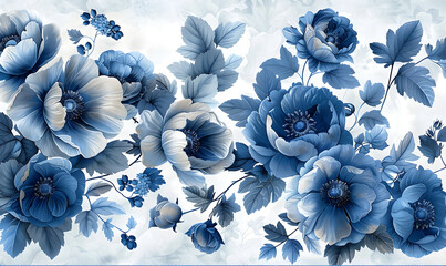 A floral wallpaper with blue and white flowers on a white background with a blue border around the edges of the flowers and leaves