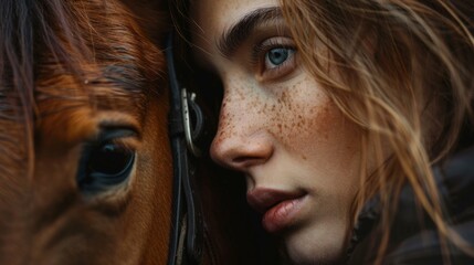 Captivating close-up of young woman and brown horse sharing a moment, highlighting deep blue eyes and subtle emotions, ideal for themes of companionship and trust.