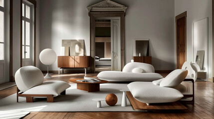 Serene Scandinavian living room with minimalist sleek furniture, soft daylight, and a calming neutral color palette in a modern apartment.