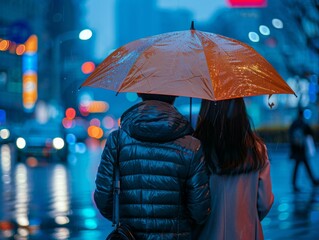 A couple of a man and woman are walking down the street under an umbrella. Generative AI.