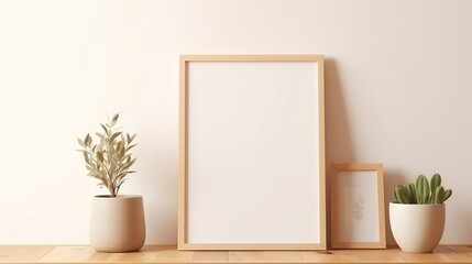 Cozy living room interior with indoor plant and picture frame on wall with natural shadow from window.