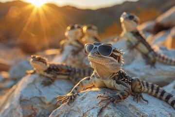 A group of lizards with sunglasses on sitting on rocks. Generative AI.