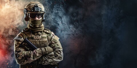 Fototapeta premium Powerful armed soldier in full combat gear against dramatic smoke-filled background, evokes themes of military readiness and defense.