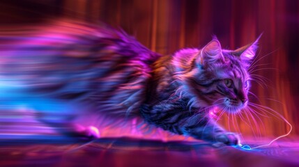 A cat is running on a purple background with glowing lights. Generative AI.