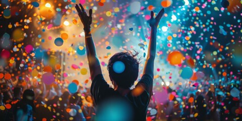Vibrant celebration with one person raising hands amid colorful confetti at music festival, lively...