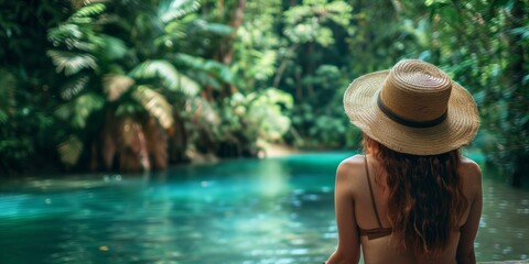 Fototapeta na wymiar Beautiful woman gazing at tranquil tropical river, surrounded by lush greenery, evoking feelings of peaceful summer escapes and nature retreats. Copy space