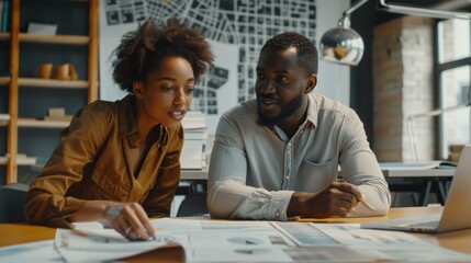 Engaging team of two young professionals collaboratively working on projects in modern office, vibrant mustard and beige tones, technology and teamwork.