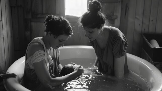 A midwife kneels by the side of a serene birthing tub gently helping a mothertobe through the final stages of labor. The peaceful expression on the mothers face belies the intense .
