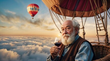 A man in a hot air balloon with wine and balloons. Generative AI. - Powered by Adobe