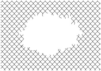 穴が空いて壊れた古いフェンス金網のベクターフレーム背景