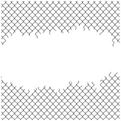 穴が空いて壊れた古いフェンス金網のベクターフレーム背景