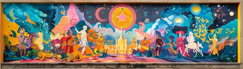 Gods and Heroes in a mythological mural, ancient tales retold with a 70s vibe