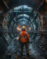A man in orange hard hat standing inside a tunnel. Generative AI.