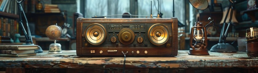 Vintage pirate radio station, broadcasting from the unknown, music and rebellion, waves of change