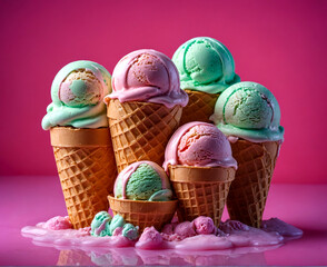 A row of ice cream cones with different flavors, including green, pink. AI generated image.