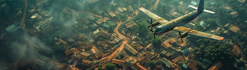 Air drop of supplies in a remote village, retro planes, a lifeline from above - obrazy, fototapety, plakaty