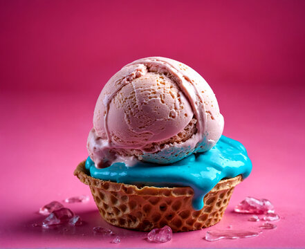 Bright colors ice cream cone with a blue drizzle on top. AI generated image.