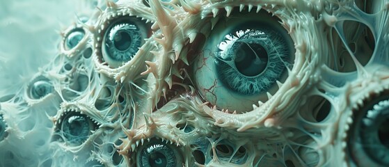 Render a surreal note comprised of eyes and teeth into a tangible, detailed horror concept art - obrazy, fototapety, plakaty