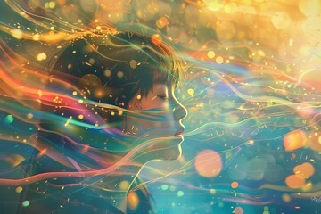 whimsical dream concept of young girl with colorful breath trails surreal digital painting - obrazy, fototapety, plakaty