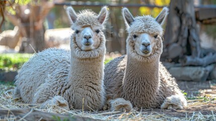 Obraz premium Two alpacas are laying down in the grass next to each other. Generative AI.