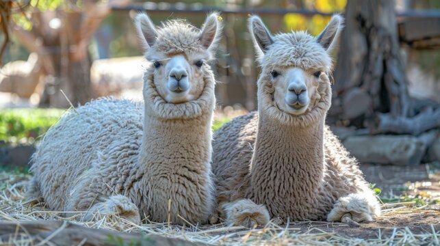 Two alpacas are laying down in the grass next to each other. Generative AI.