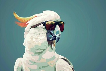 white parrot wearing sunglasses colorful faceted vector art illustration on solid background