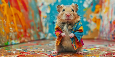 A hamster wearing a colorful jacket standing on top of some paint. Generative AI.