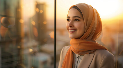 Successful middle eastern businesswoman standing in big city modern skyscrapers dreaming on new opportunities