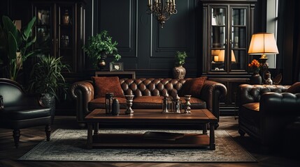 Fototapeta premium Luxury house living room interior with large sofa and wooden table in dark color.