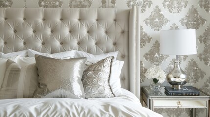 In the bedroom a silver tufted headboard stands out against a wall covered in a subtle metallic wallpaper. The bedding consists of crisp white linens with metallic accent pillows while .
