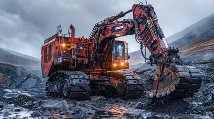 High Performance Dragline Excavator Navigating Rugged Terrain in Challenging Weather Conditions