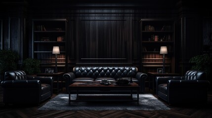Luxury house living room interior with large sofa and wooden table in dark color.