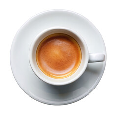 Fototapeta premium White cup and saucer with freshly brewed strong black coffee. Coffee break concept.