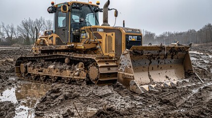 Fototapeta na wymiar Powerful Tracked Bulldozer Navigating Muddy Terrain on an Overcast Winter Day
