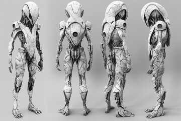 Upgrade sketched humanoid with extra eyes into a realistic 3D model with striking details and shadows