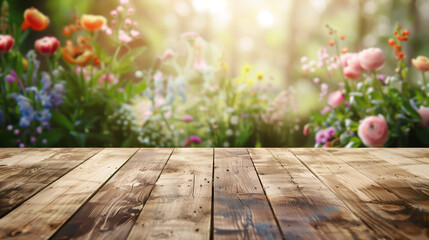 Naklejka na ściany i meble Wooden tabletop foreground with lush garden flowers in dreamy bokeh background, Concept of spring and nature-infused interior design.